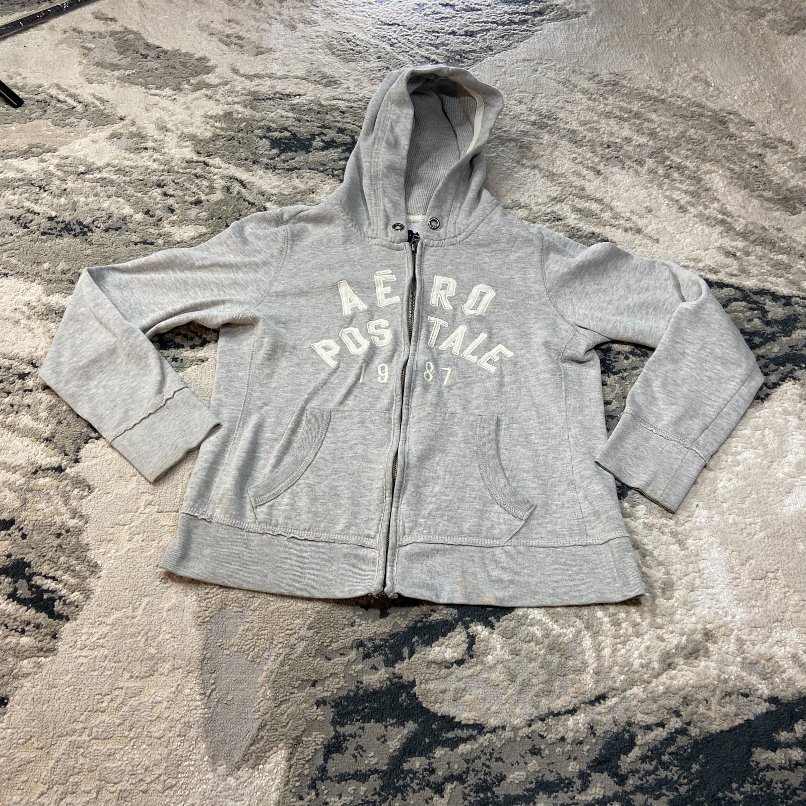 Y2k Aeropostale Hoodie Sz Large Gray Fleece Lined Spellout Logo Babydoll